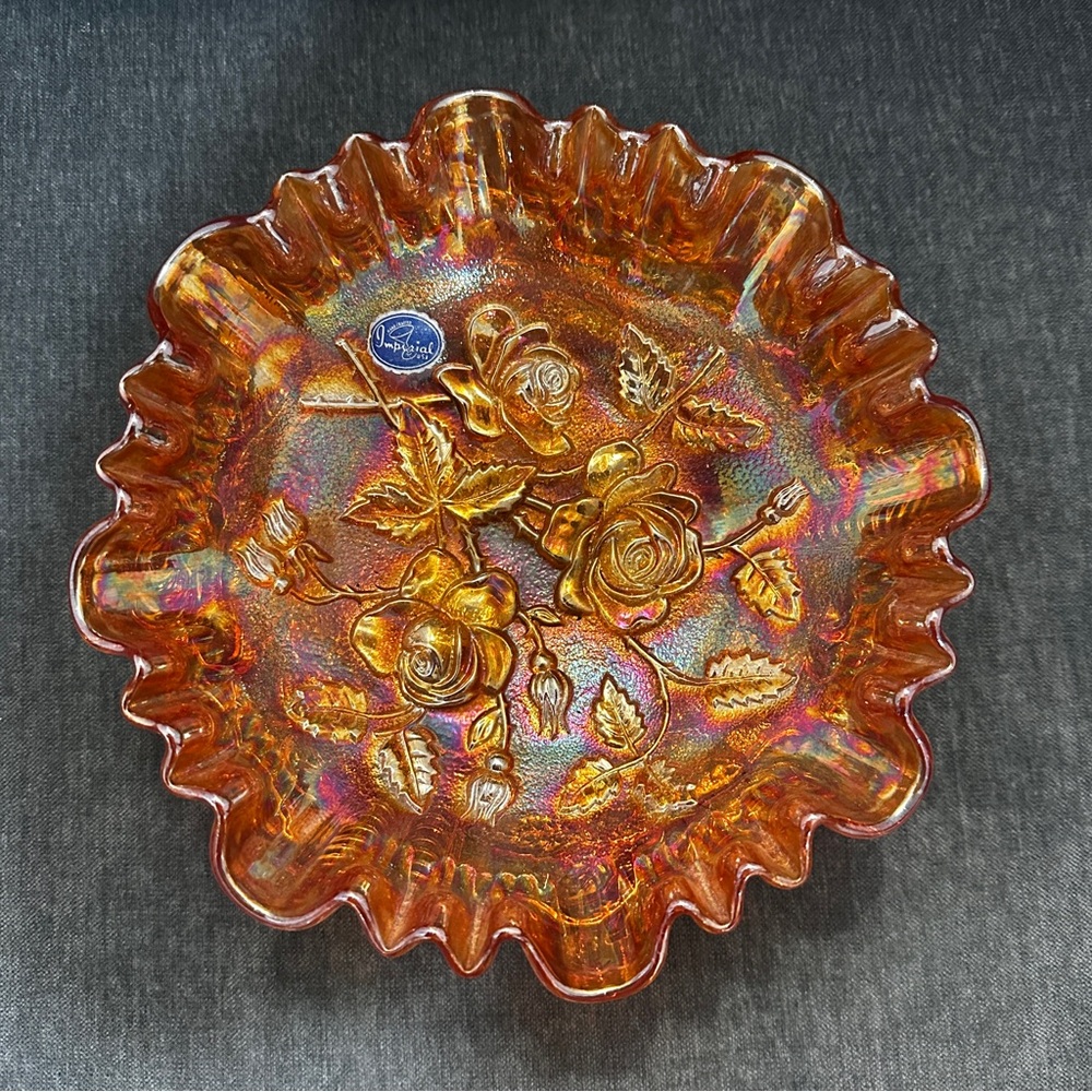 Imperial Glass Lustre Rose Iridescent Marigold Carnival Footed Bowl 8" Signed